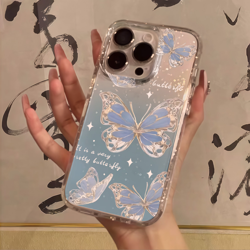 Phone Accessories Kiosk - เคสโทรศัพท์ใสลายผีเสื้อสีน้ำเงินหรูหรา พร้อมกลิตเตอร์ สำหรับ iPhone 17 13